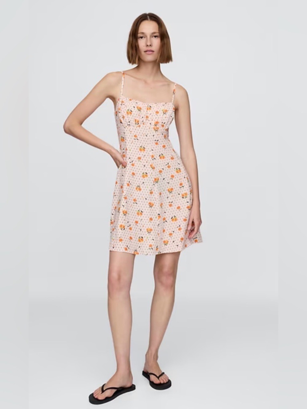 Gap linen Blend Shirred Bodice Novelty Print Mini Dress Y2K Milkmaid Oranges XS